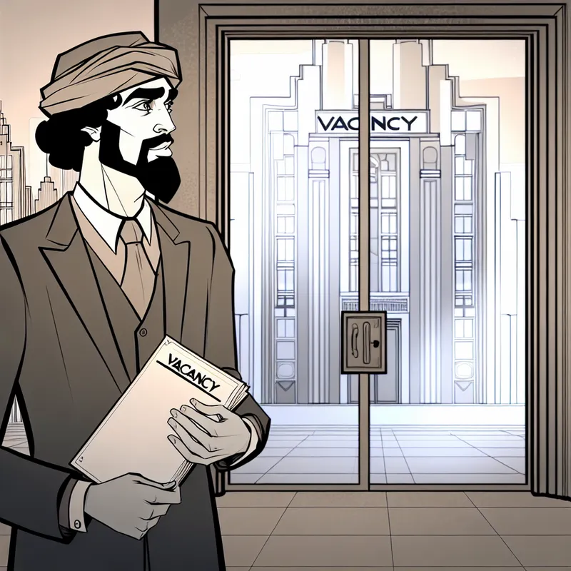 Persoon met cv voor gesloten vacaturedeur in retro-futuristische stad, teleurgesteld over gemiste kans