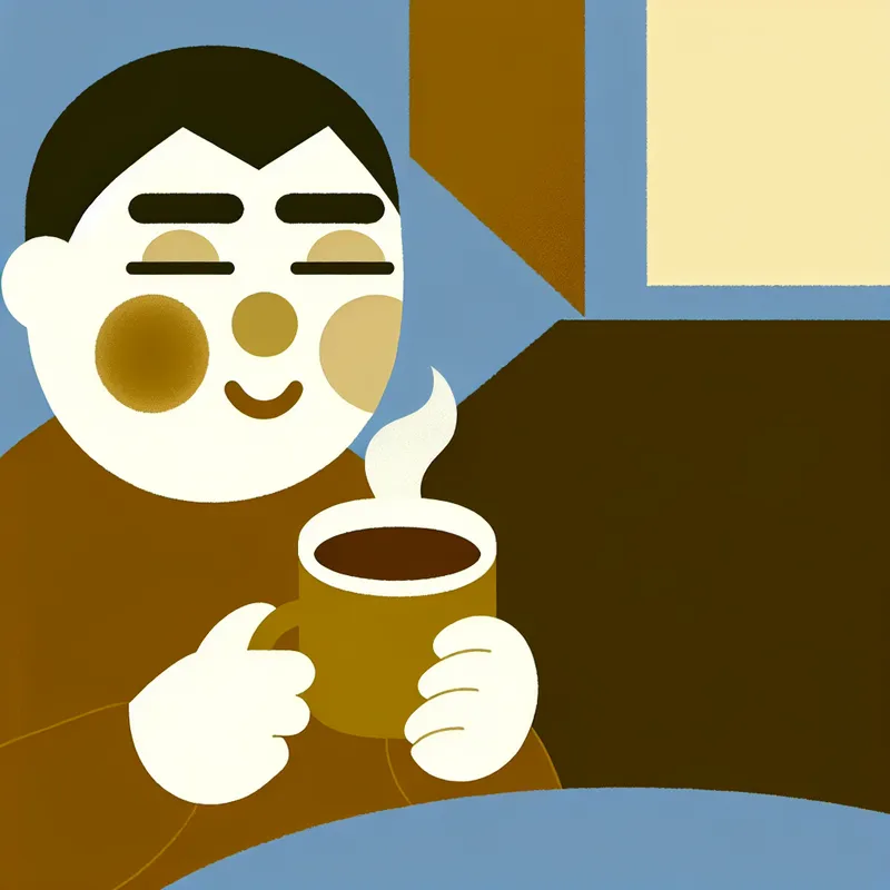 Minimalistische illustratie van een persoon die geniet van een kopje koffie met een tevreden glimlach, in warme kleuren