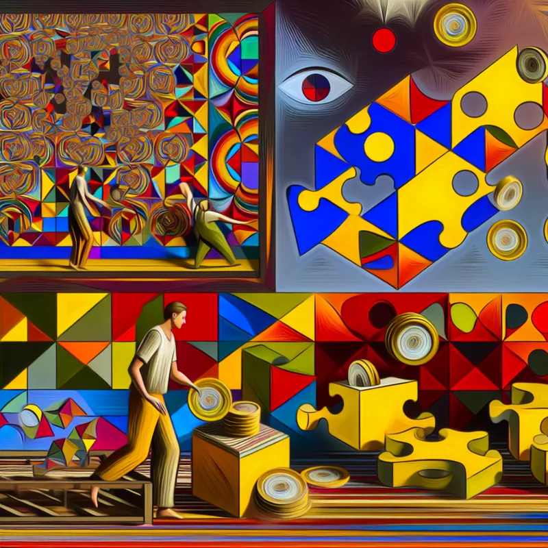 Surrealistische geometrische scène met een persoon die een budget voor een feest opstelt met geometrisch gevormde munten en kleurrijke begrotingsbladen.