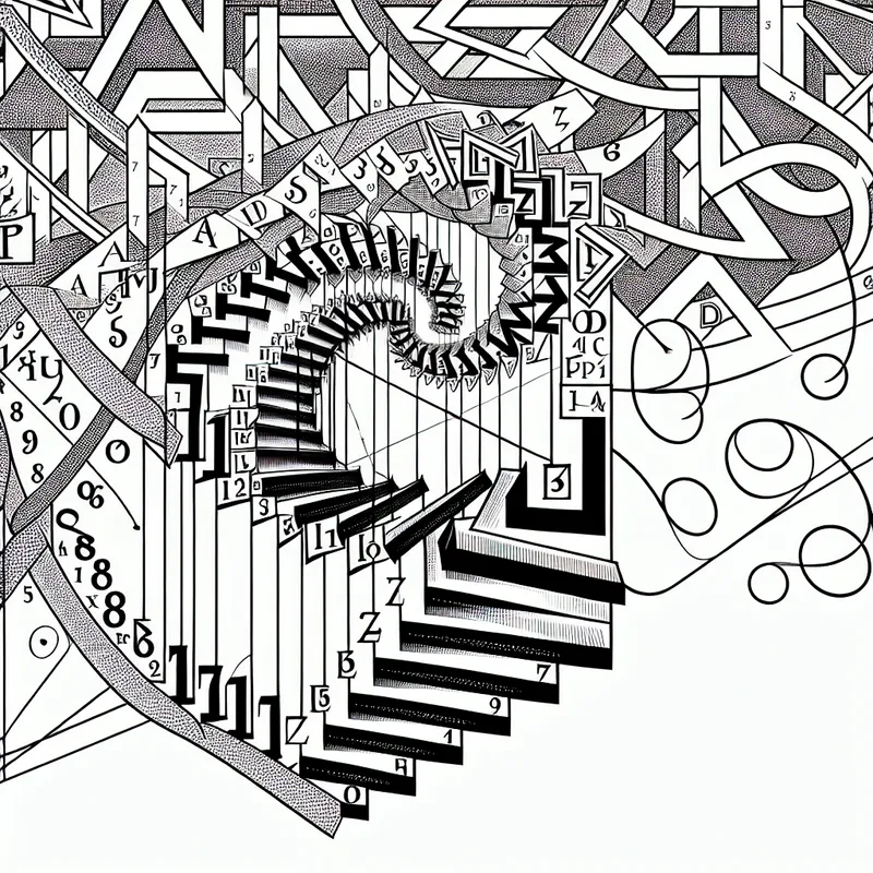 Een geometrische illustratie geïnspireerd door M.C. Escher met een surrealistische trap en letters van het alfabet die de tel symboliseren.