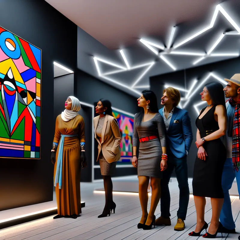 Kleurrijke geometrische schilderij in een kunstgalerij met bewonderende kijkers.