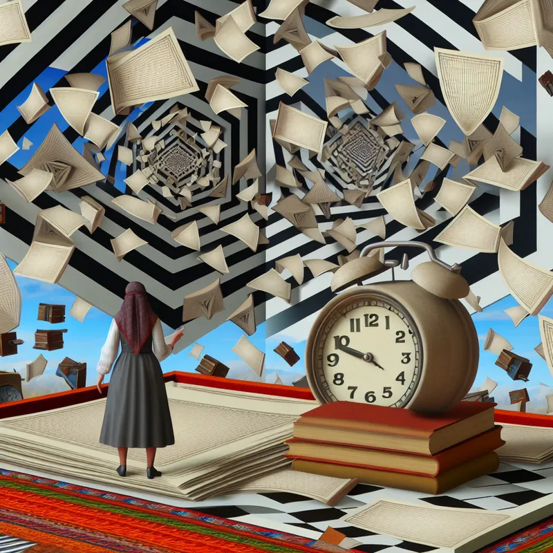 Persoon in surrealistische Escher-achtige scène, omringd door stapels papieren en zwevende klokken