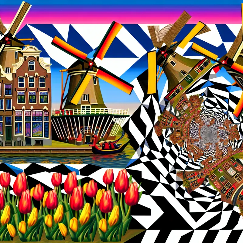 Geometrische weergave van de Nederlandse cultuur met windmolens, tulpen en traditionele gebouwen in een eindeloze spiraal.
