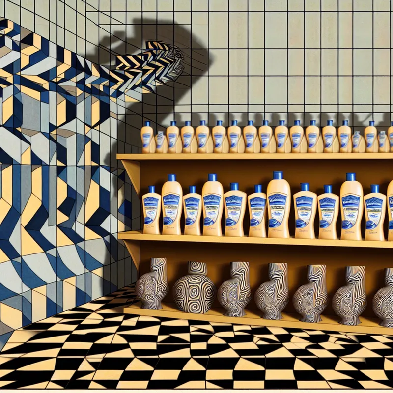 Surrealistische weergave van verschillende shampooflessen met geometrische patronen op een plankenrek.