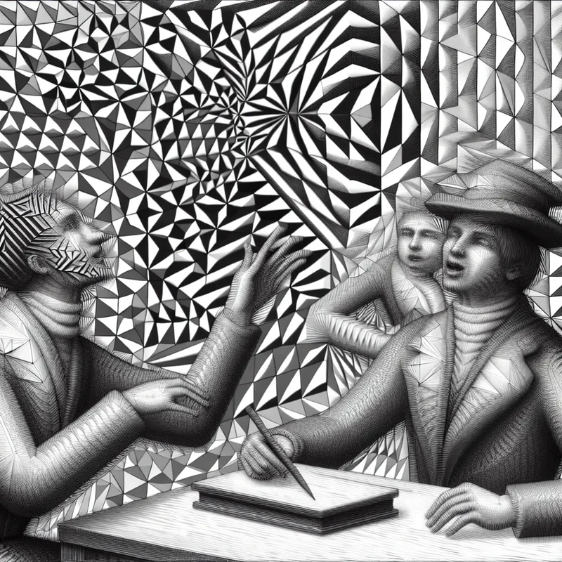 Twee mensen in gesprek, één spreekt scherp en kijkt nors, de ander is verbaasd, met een geometrische, Escher-stijl achtergrond.