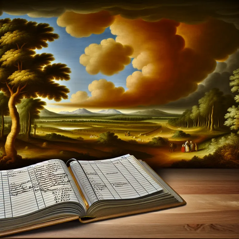 Een georganiseerd houten bureau met een open agenda vol handgeschreven data en notities, op de achtergrond een serene natuurlijke landschap.