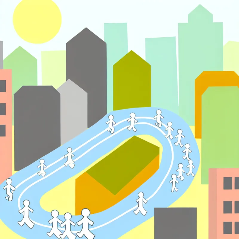 Minimalistische illustratie van een georganiseerde hardloopwedstrijd met een kleurrijk stadslandschap en kinderlijke pictogrammen van lopers en een routekaart.