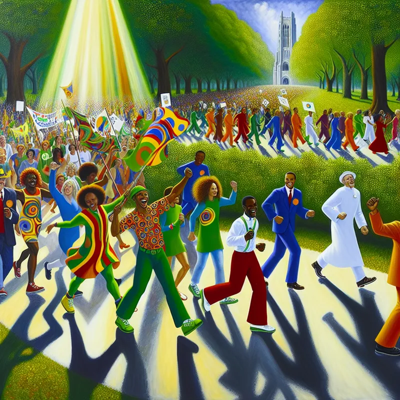 Diverse groep enthousiaste mensen wandelend in een georganiseerde chariteitsevenement met borden voor milieubewustzijn in een groen park.