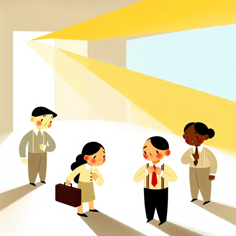 Minimalistische illustratie van een vrolijke groep personages die gereed zijn voor vertrek, met koffers, horloges en stropdassen in een heldere ruimte