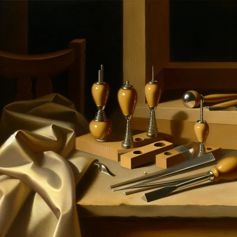 Een mooi georganiseerde set gereedschap voor het monteren van meubels op een houten werkbank, met een zacht verlichte achtergrond van een gedeeltelijk gemonteerd meubelstuk.