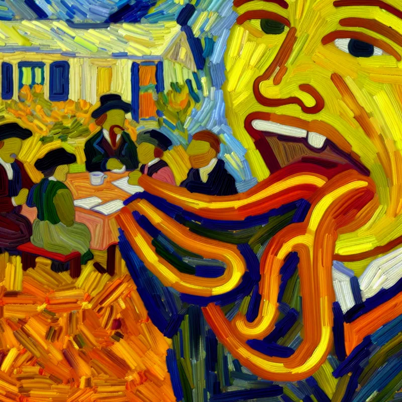 Dynamische uitbeelding van de tongbeweging bij het rollen van de letter 'r' in een levendige Van Gogh-stijl klas of markt in Zuid-Nederland