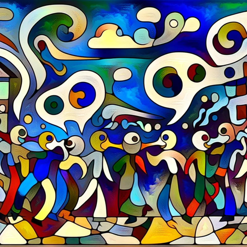 Kleurrijke abstracte illustratie van mensen die druk fluisteren en geruchten verspreiden in een levendige dorp- of kantooromgeving, in de expressieve stijl van Karel Appel