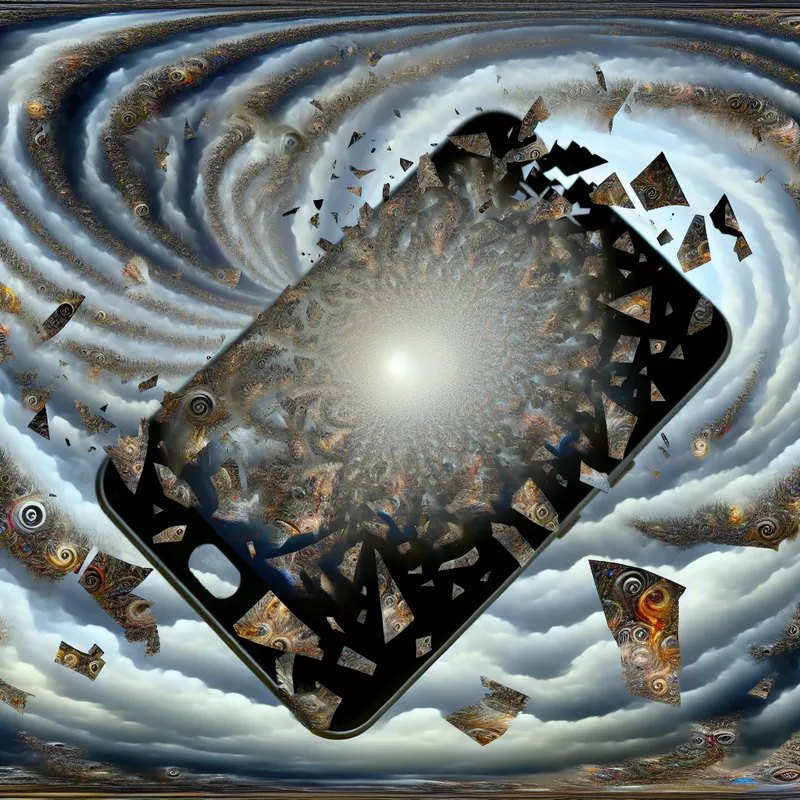 Een gescheurd smartphone scherm met fragmenten die bizarre wezens en fantastische landschappen tonen, op een achtergrond van donkere, wervelende wolken.