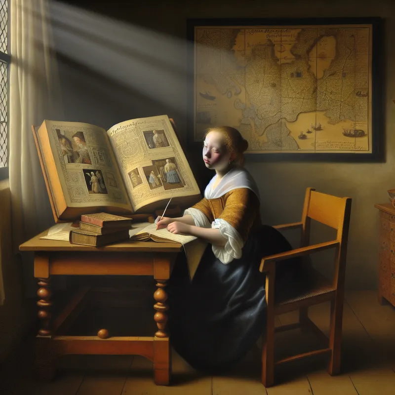 Jong meisje studeert aandachtig in een 17e-eeuws Hollands interieur met een groot geschiedenisboek vol oude kaarten en historische figuren