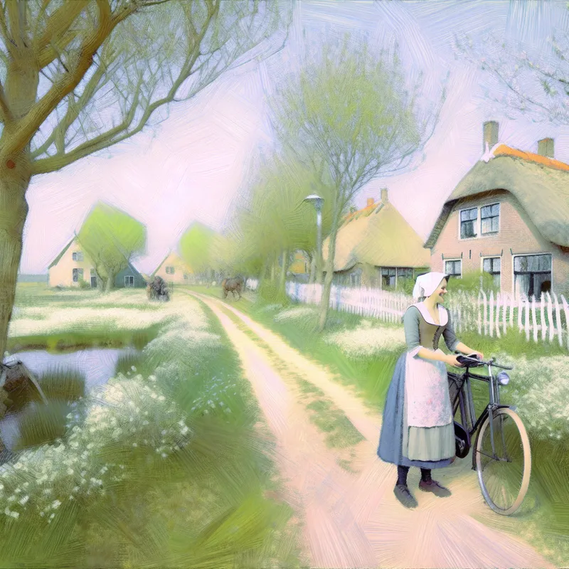 Vrolijke persoon in Nederlandse klederdracht controleert banden van een vintage fiets op een zonnig landweggetje, geschikt voor fietsen