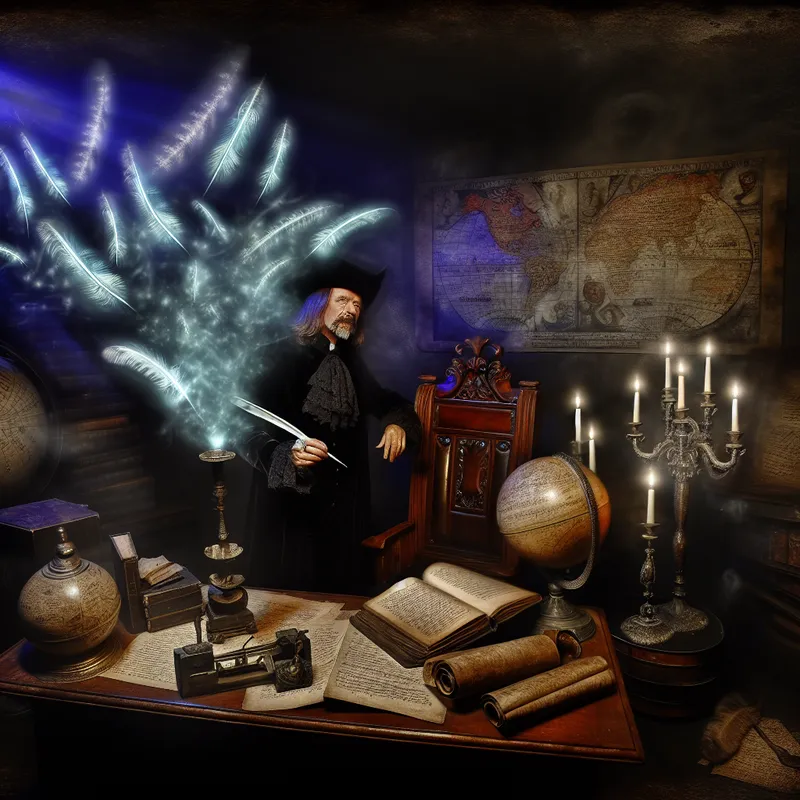 Symbolische voorstelling van een deskundige figuur omringd door zwevende kennisymbolen in een mysterieus studeervertrek, geschikt voor een complexe taak