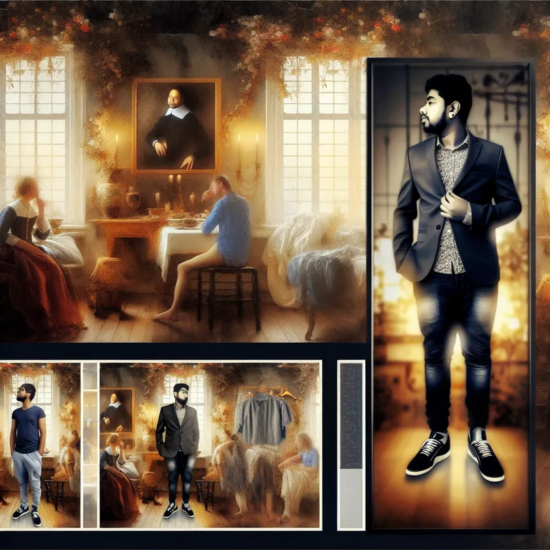 Persoon overweegt twee outfits voor een gelegenheid: formeel pak en casual kleding in gezellige kamer met vrienden