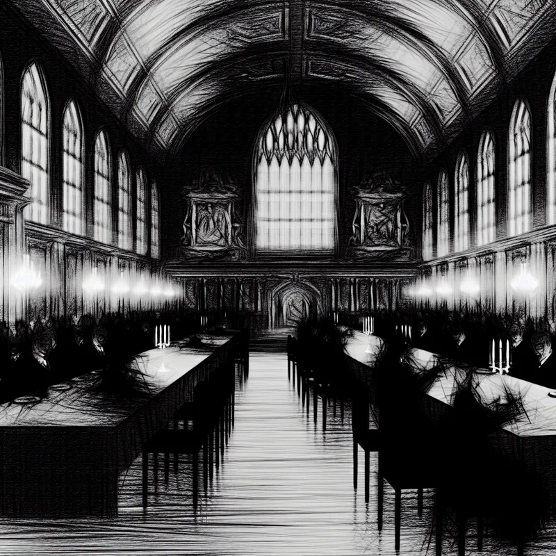 Grote, donkere en sierlijke vergaderzaal met hoge plafonds en lange tafels, geschikt voor formele bijeenkomsten in een mysterieuze sfeer