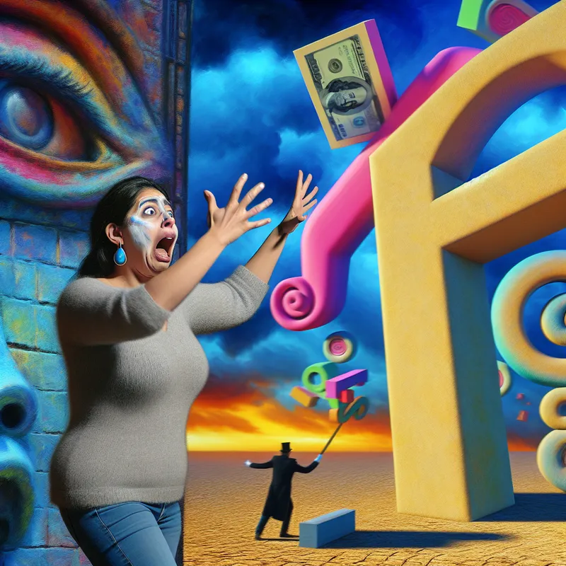 Een geschokte vrouw met opgetrokken armen voor een surrealistisch monument dat de hoge prijs van een waardevol item symboliseert.