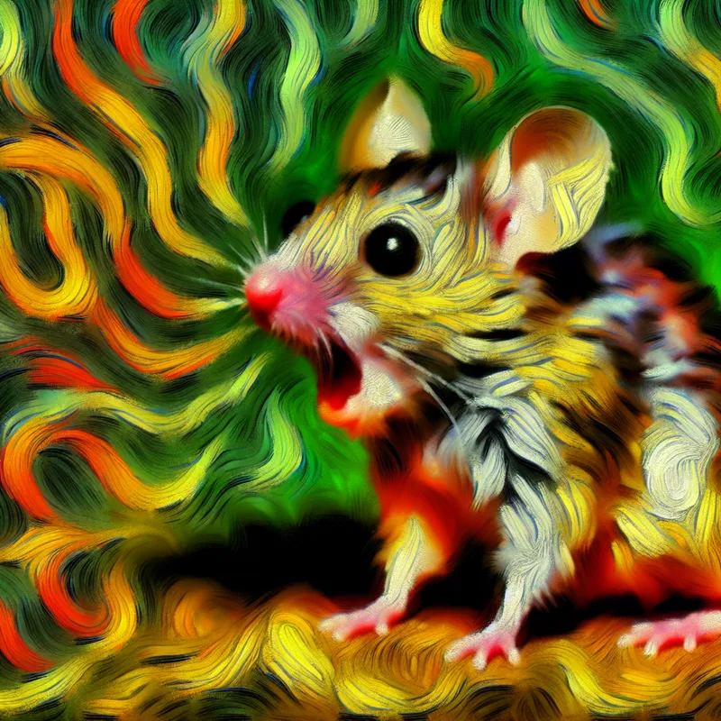 Dichtbijzicht van een kleine, geschrokken muis met open mond die een hoog, piepend geluid maakt, omgeven door kleurrijke geluidsgolven.