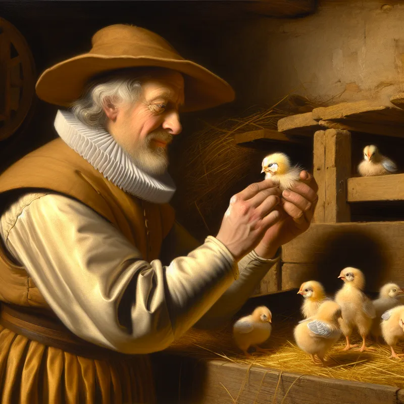 17e-eeuwse Nederlandse dierenverzorger bepaalt het geslacht van een kuiken door voorzichtig een piepklein kuikentje te onderzoeken in een boerderijsetting