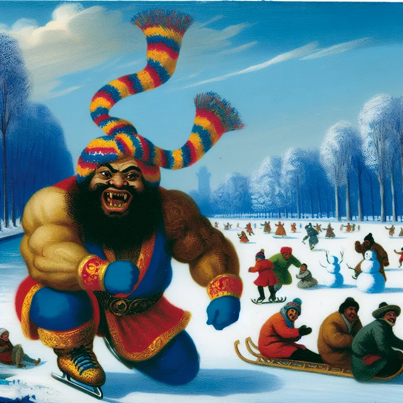 Een gespierde man met een warme glimlach en een feestelijke sjaal, die vrolijk schaats op een bevroren meer met vrienden, omringd door kinderen die sneeuwpoppen maken en anderen die sleetje rijden, onder een blauwe lucht.