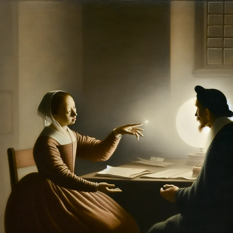 Twee personen in een rustig gesprek aan een tafel, waarbij de een naar een document of kaart wijst om de discussie naar een specifiek punt te sturen, in de stijl van Johannes Vermeer