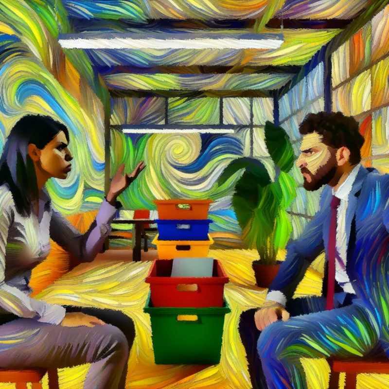 Een levendige scène van een gespannen gesprek tussen een werknemer en haar baas in een kantooromgeving, die de uitdrukking van vastberadenheid en scepsis weergeeft.