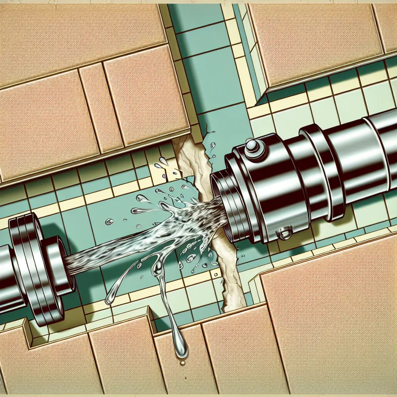 Dwarsdoorsnede van een badkamermuur met een gesprongen waterleiding, water spuit uit de barst in een retro-futuristische illustratie