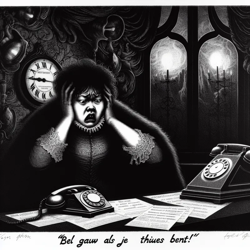 Een gestresseerde figuur in een duistere kamer kijkt angstig naar een tikkende klok, omgeven door schaduwen en een telefoon op de tafel.