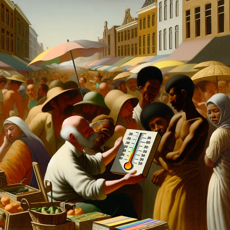 Druk Amsterdamse straatmarkt in zomerse hitte met boekenverkoper die boek toont voor 30 euro en thermometer op bijna 30 graden