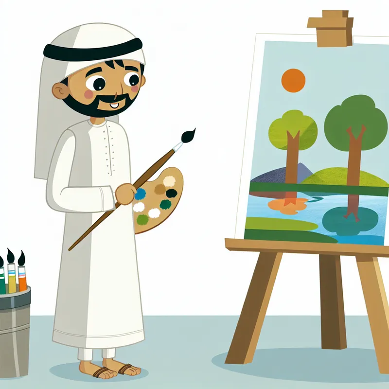 Minimalistische illustratie van een getalenteerde schilder in zijn studio, met een gedetailleerd landschap op het schildersdoek en een glimlach op zijn gezicht.