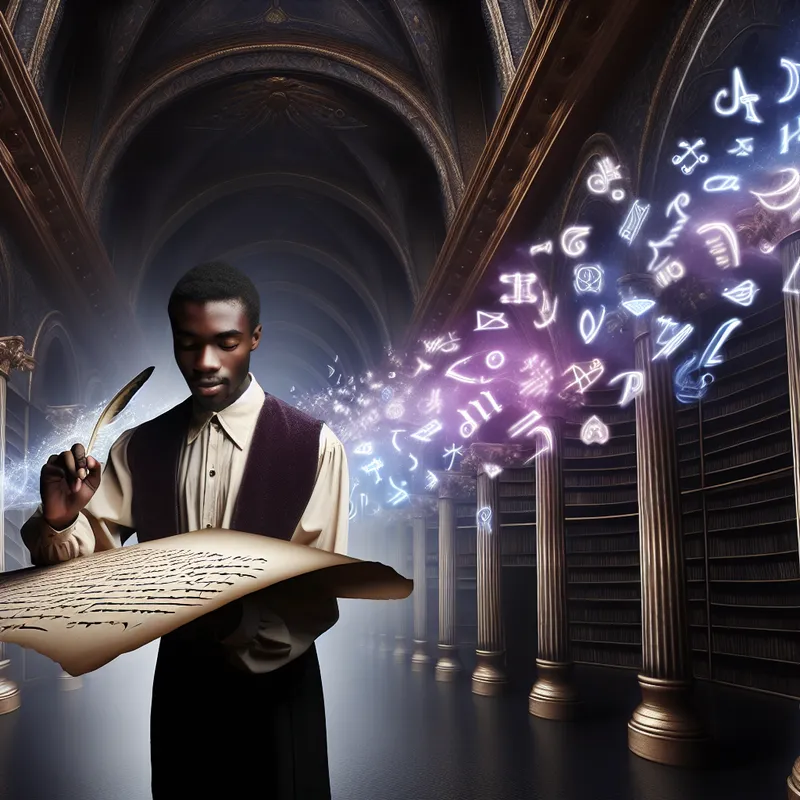 Jonge man oefent kalligrafie in een surrealistische bibliotheek met zwevende letters en symbolen, symboliserend getrainde vaardigheid