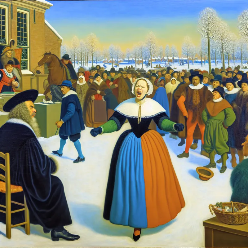 Een getuige in traditionele kleding brengt een verklaring af in een buitenrechtbank tijdens een levendige winterdag, omringd door een nieuwsgierige menigte.