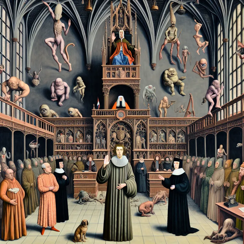 Surrealistische rechtszaal in de stijl van Jheronimus Bosch met een getuige die een eed aflegt voor een rechter, omringd door bizarre figuren en symboliek