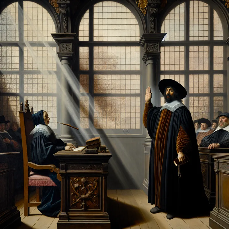 17e-eeuwse Nederlandse rechtbank met een getuige die onder ede een verklaring aflegt, in de stijl van Jacob van Ruisdael