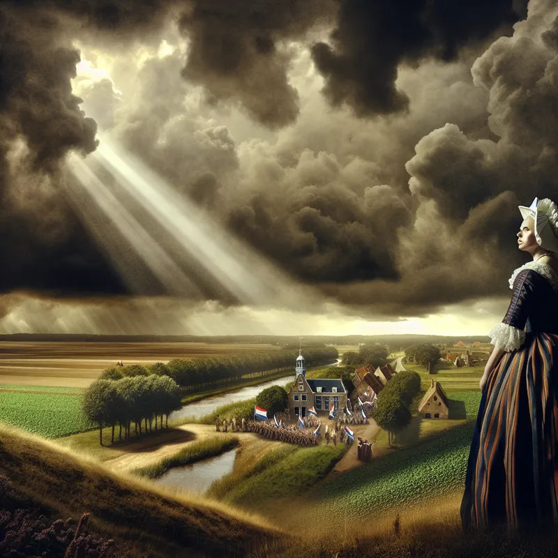 17e-eeuws Hollands landschap met vrouw als getuige van historisch tafereel, geïnspireerd op Jacob van Ruisdael