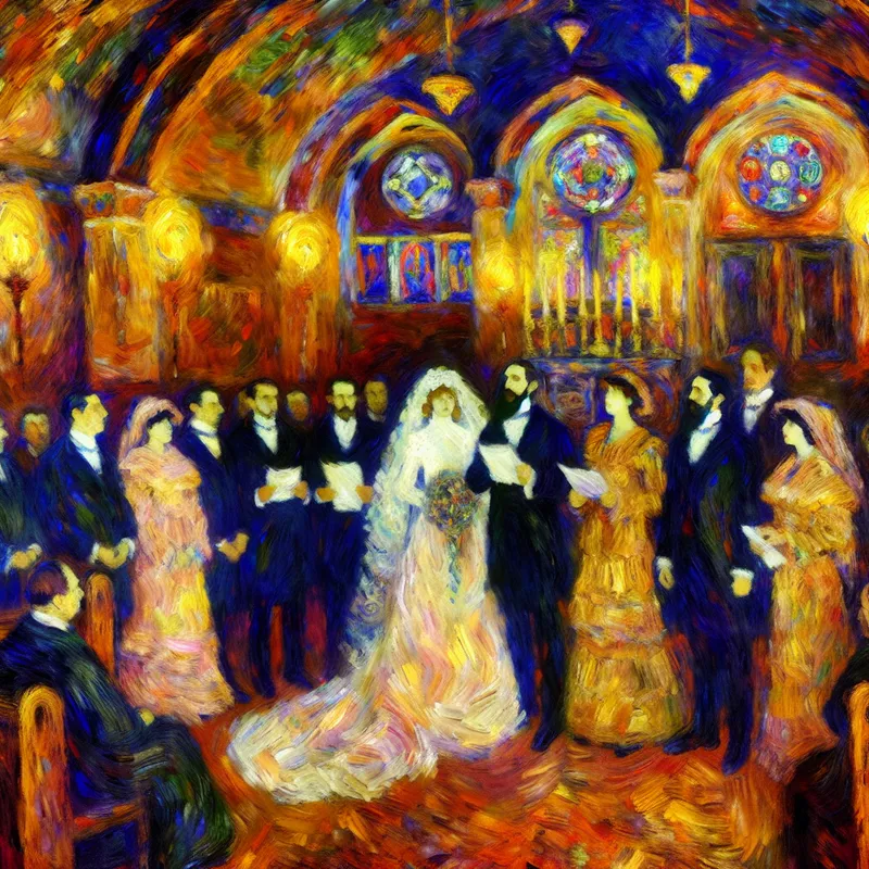 Trouwceremonie met bruid, bruidegom en vier getuigen in Van Gogh-stijl, met aandachtige gezichten en formele kleding in een warme kerk met gekleurd licht