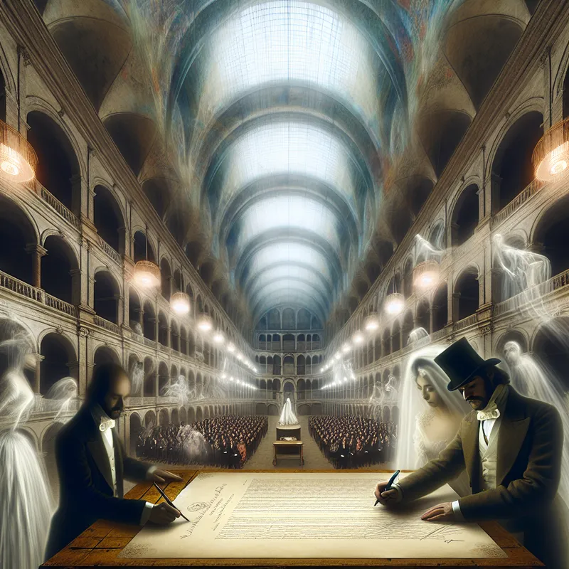 Twee getuigen ondertekenen een huwelijksakte tijdens een plechtige ceremonie in een monumentale zaal met surrealistische elementen