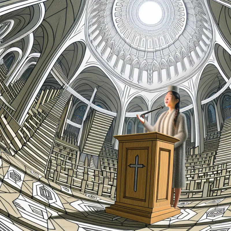 Surrealistisch tafereel van een persoon die openlijk getuigt van geloof in een kerkpreekstoel, omringd door Escher-achtige patronen van religieuze symbolen zoals kruisen en duiven