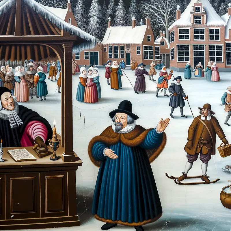 17e-eeuwse winterse rechtszaak in Nederlands dorp, man getuigt voor rechter in levendige Hendrick Avercamp-stijl