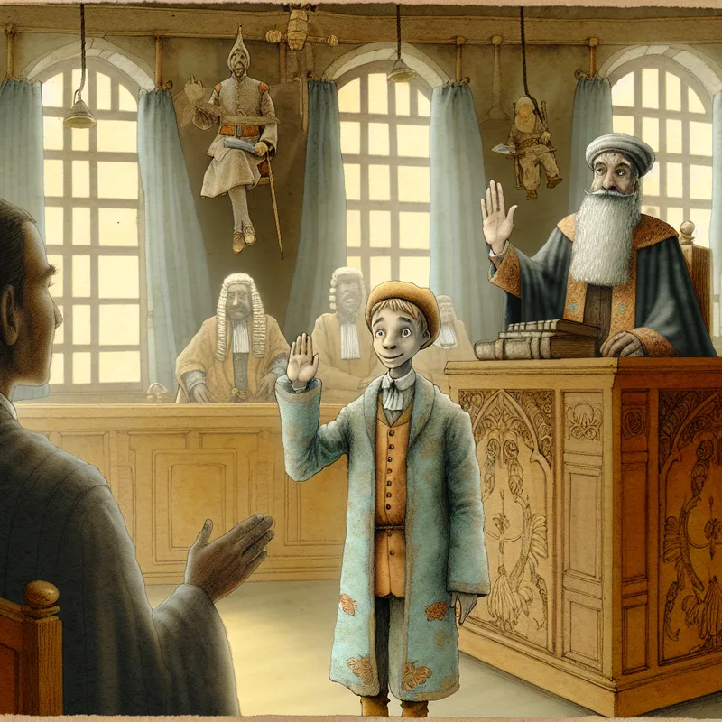 Nerveuze getuige legt een verklaring af in een sprookjesachtige rechtszaal in vintage stijl, met rechter en advocaat