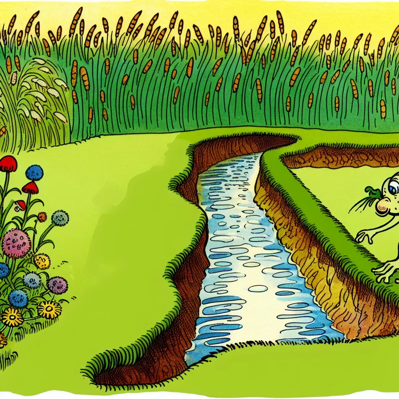 Vrolijke cartoonillustratie van een smalle, natuurlijke geul met water in een groen veld, naast kleurrijke wilde bloemen, met een speelse cartoonfiguur die nieuwsgierig in de geul kijkt.
