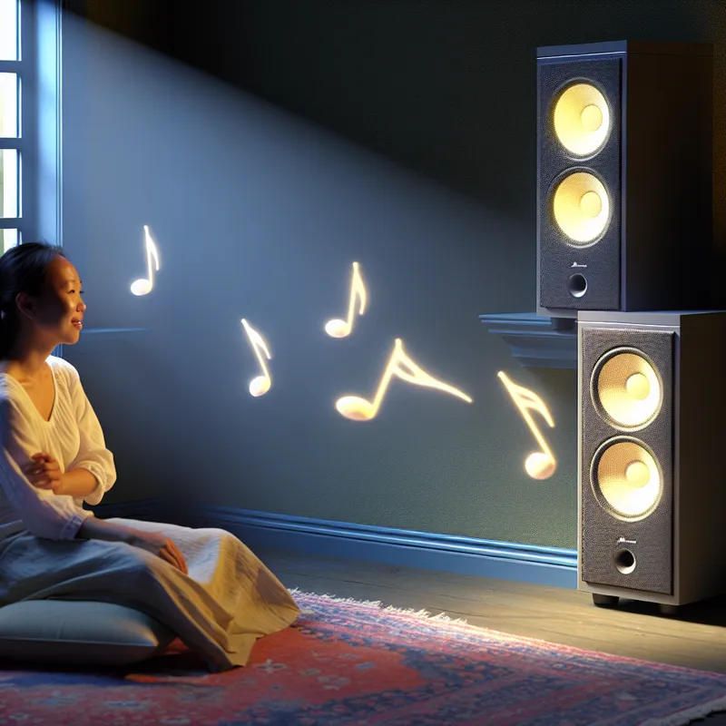 Een rustige interieur scène met een geüpgrade audio-opstelling en hoge kwaliteit luidsprekers verlicht door diffuus licht.