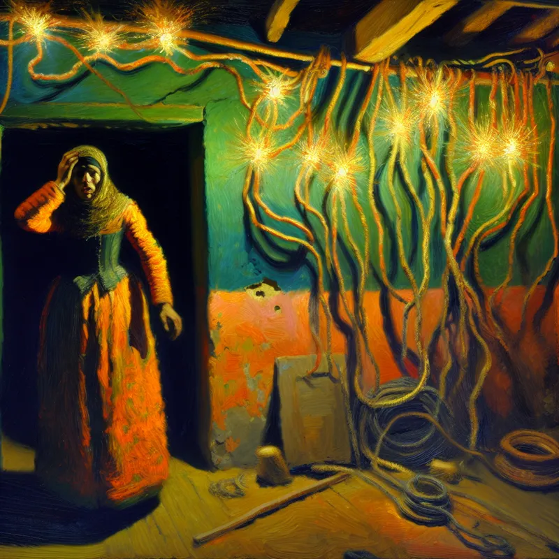 Oud huisinterieur met versleten elektrische bedrading en vonken, persoon kijkt bezorgd toe in de stijl van Frans Hals