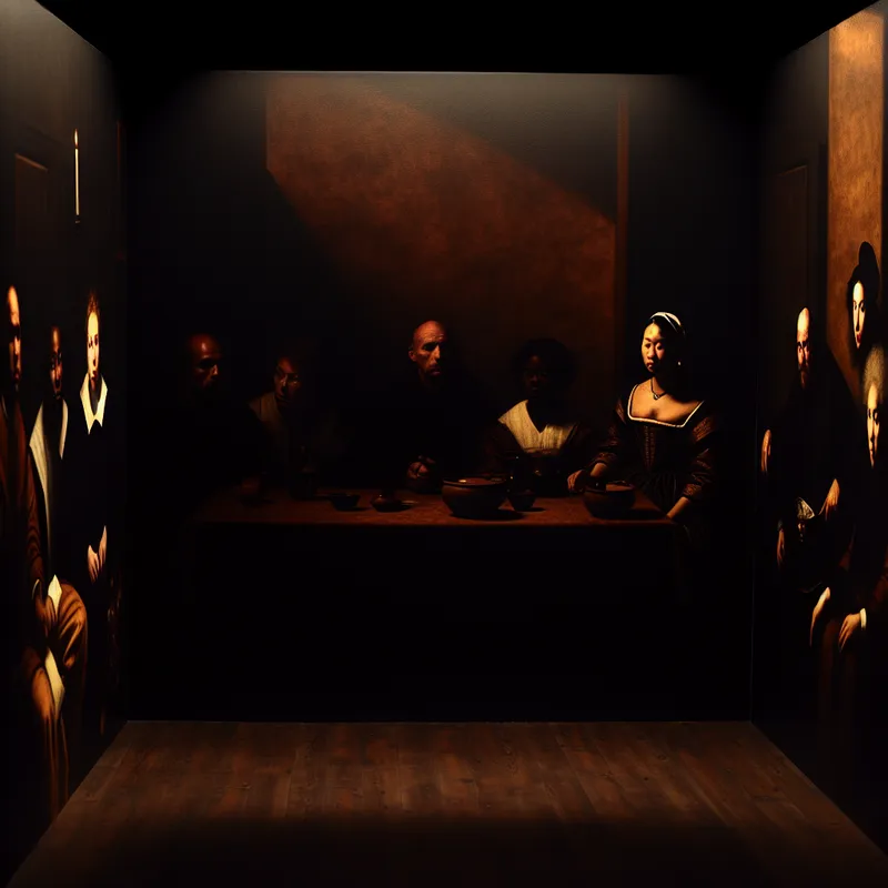 Een groep mensen zit in een slecht verlichtte kamer, met gespannen gezichten en schaduwen die de atmosfeer van onzekerheid benadrukken.