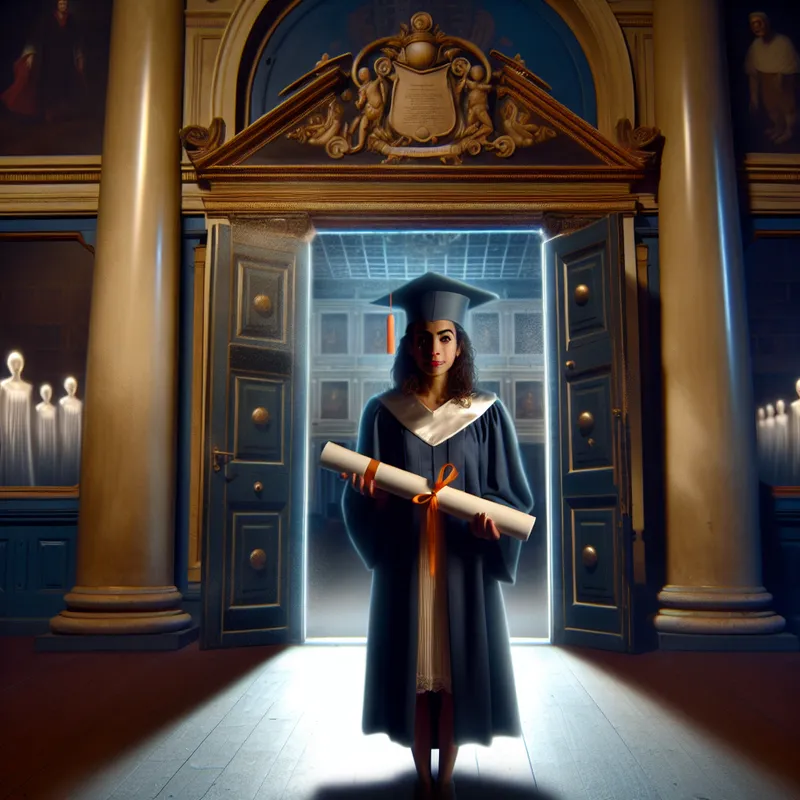 Jonge vrouw met diploma in grote klassieke hal, symboliserend het gevolg van haar prestatie en overgang naar een nieuwe fase