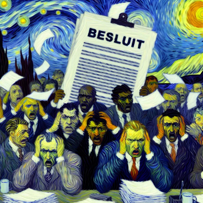 Dramatische Van Gogh-achtige voorstelling van een chaotisch kantoor waar een besluit tot grote problemen leidt voor medewerkers, met vliegende papieren en emotionele reacties