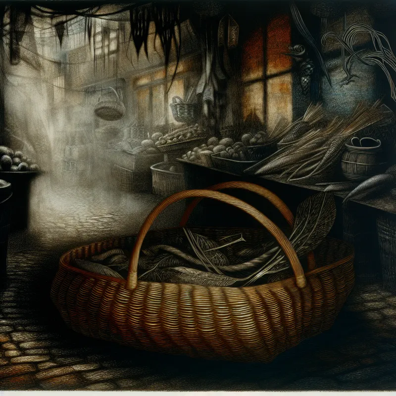 Een zorgvuldig vervaardigde mand van riet in een mysterieuze marktscène met subtiele gothic elementen.
