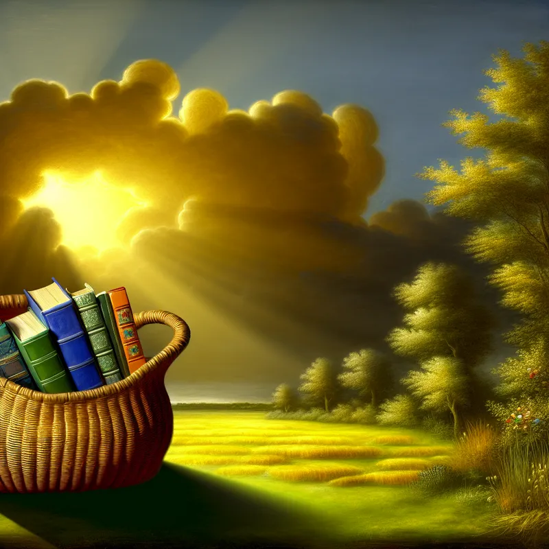 Een grote, geweven tas gevuld met kleurrijke boeken op een grasheuvel onder een dramatische lucht.